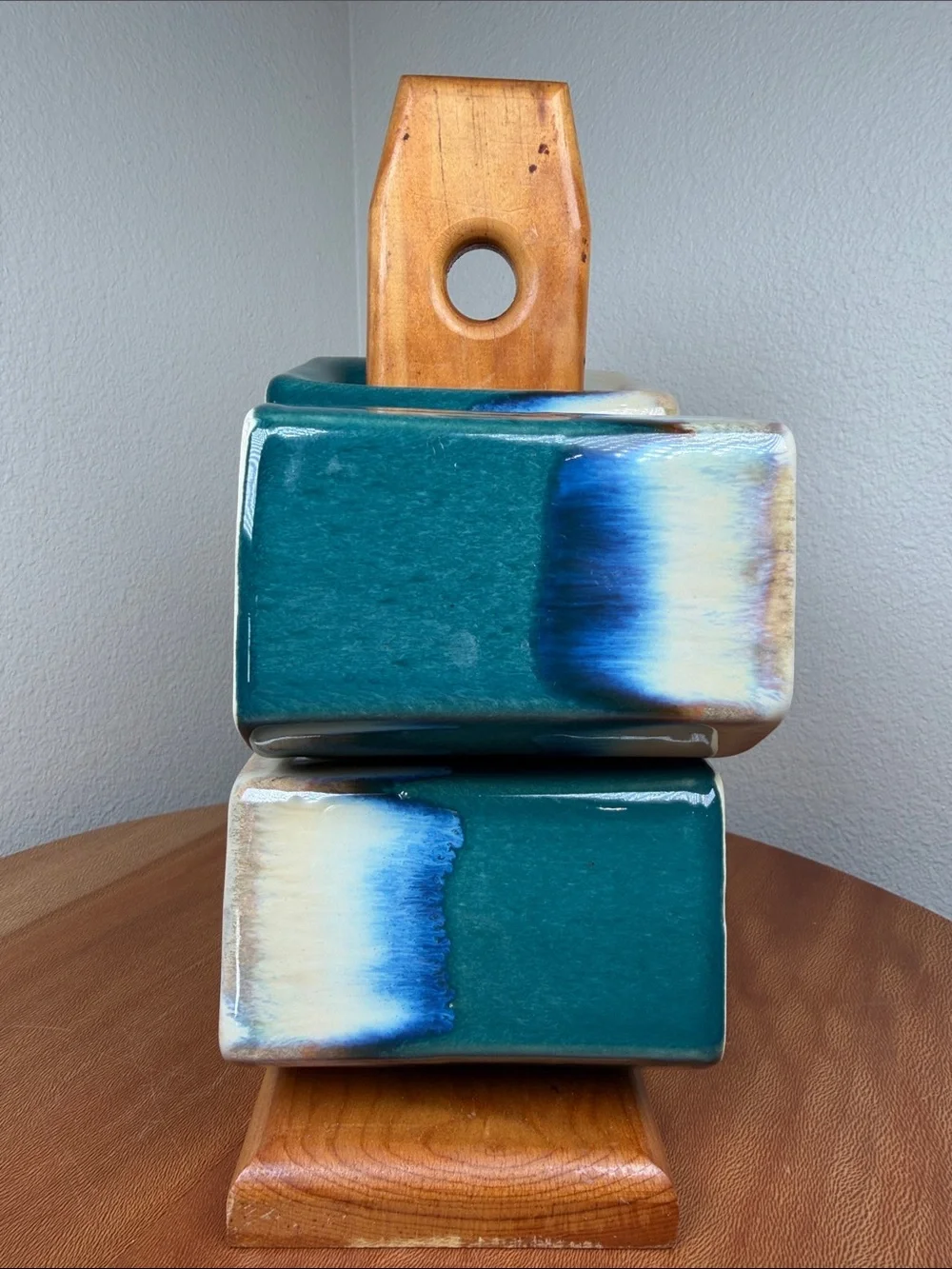 Vtg Padilla Blue Drip Glaze Stacking Signed 4 Coffee Mugs & Wood Stand Mexican
